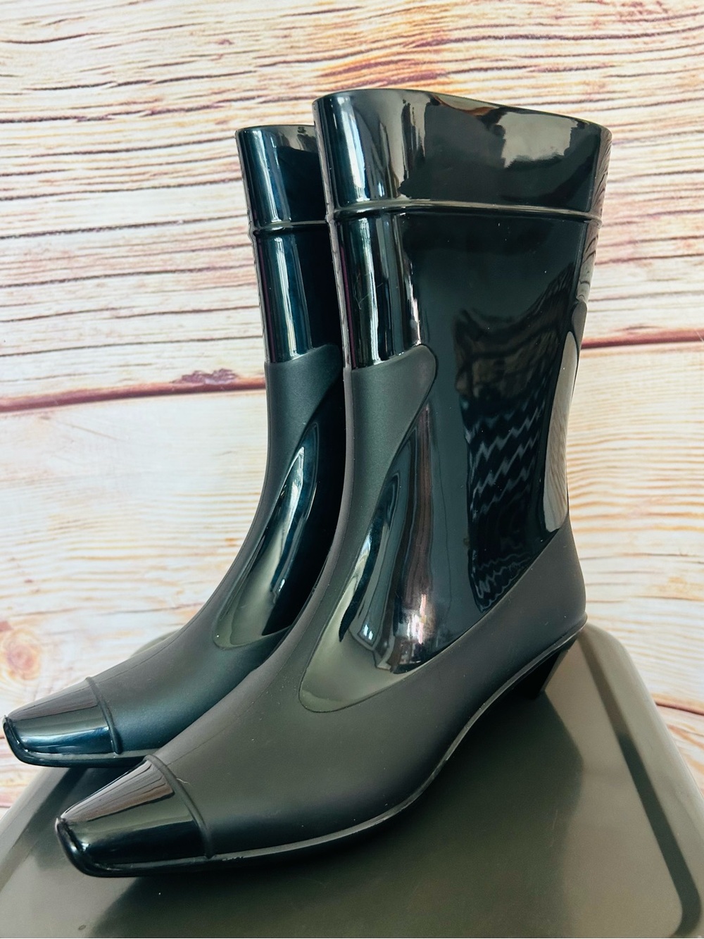 Jeffrey Campbell Women’s Black Combo Drench Kitten Heel Rain Boots Size 7 NEW
